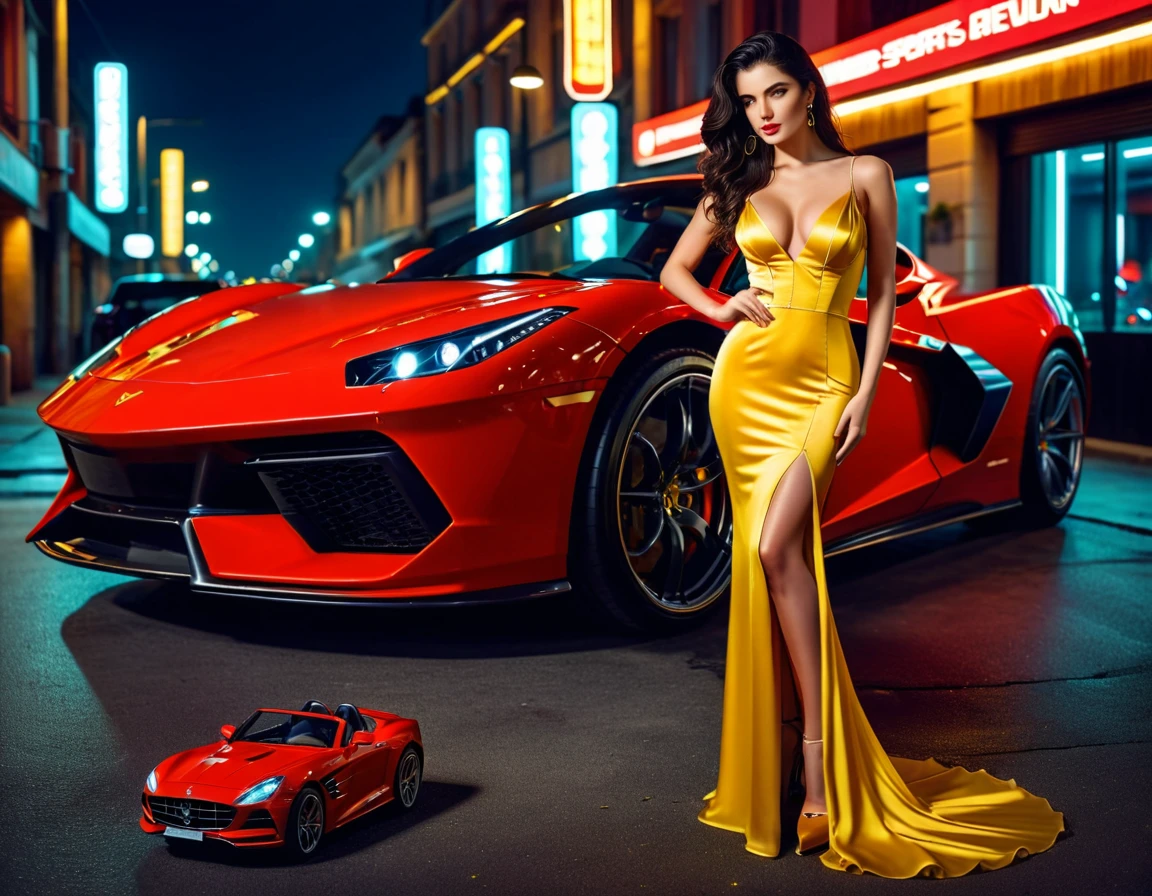 a picture of a female model wearing an evening dress standing near a red sports car, glamorous model woman, extremely beautiful face, ultra feminine, detailed face, exquisite beautiful face, black hair, long hair, wavy hair, beautiful green eyes, she wears a ((yellow evening dress: 1.5)), elegant, intricate detailed dress, silk dress, small cleavage, she wears elegant knee high heeled boots, exquisite knee high heeled boots, standing near a ((red sports car: 1.5)), in a cyberpunk street an night background, moon, stars, lamp light, (Masterpiece: 1.5), 16k, highres, best quality, high details, ultra detailed, masterpiece, best quality, (extremely detailed), LU, drkfntasy