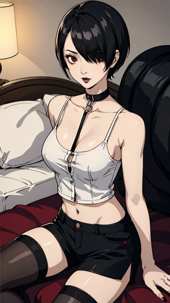 1 girl, milf, Red eyes, very Short hair, black choker, black lipstick, black lipstick, Shy, hair over one eye, black hair, female , tomboy Pixie haircut, long shirt, shorts, stockings, bedroom, cowboy shot, sit