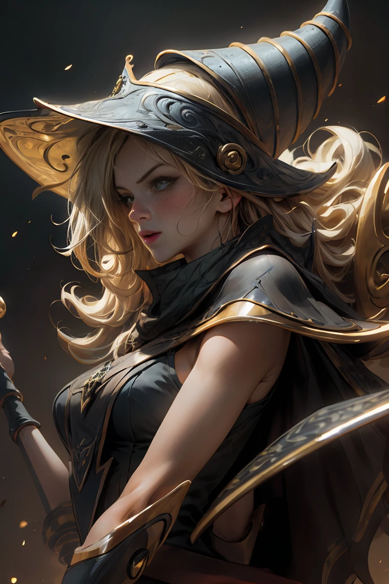 (8K,photorealistic raw photography the highest quality;1.4) (1girl in) super beauty (realistic face) femenine body (Blonde with long curls) Hold a black and red magic wand. combat scene Magic hat with black and gold exterior. Beautiful expression Glare (Real looking skin) (Giles dark wizards) Tempting super high resolution a hyperrealist high detail Full body photo remains