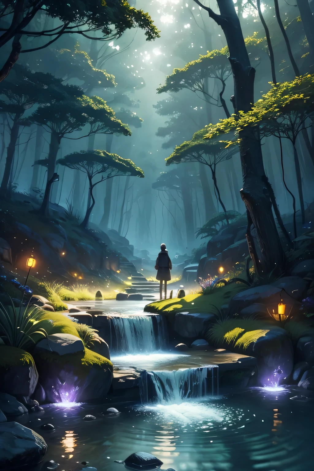Masterpiece, best quality, (very detailed CG unity 8k wallpaper), (best quality), (best illustration), (best shadows), glow sprite, with a glowing deer, in the swimming pool Drinking water, natural elements in the forest theme. Mysterious forest, beautiful forest, nature, surrounded by flowers, delicate leaves and branches surrounded by fireflies (natural elements), (jungle theme), (leaves), (twigs), (fireflies), (particle effects) etc