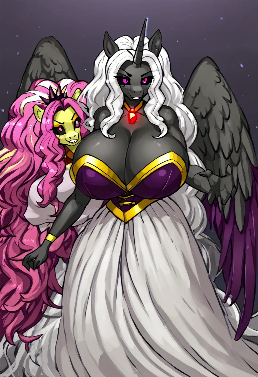 Alicorn princess and Adagio Dazzle , white mane,black sclera ,black body color  long flowing  mane pink  eyes anthro huge breasts 