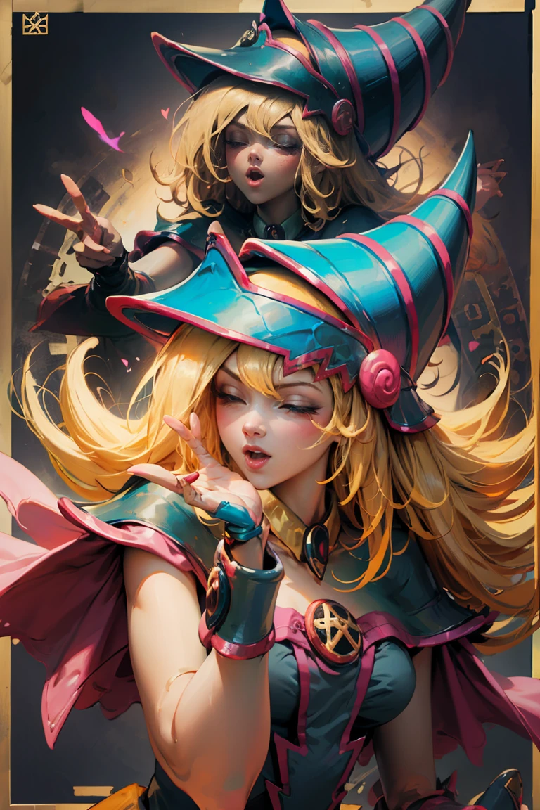 Beautiful dark magician gils. With his hands he makes the sign of love and peace. He has one eye closed and the other open, open voice sticking out the tongue. Gesture of satisfaction and sensuality. pose sexy