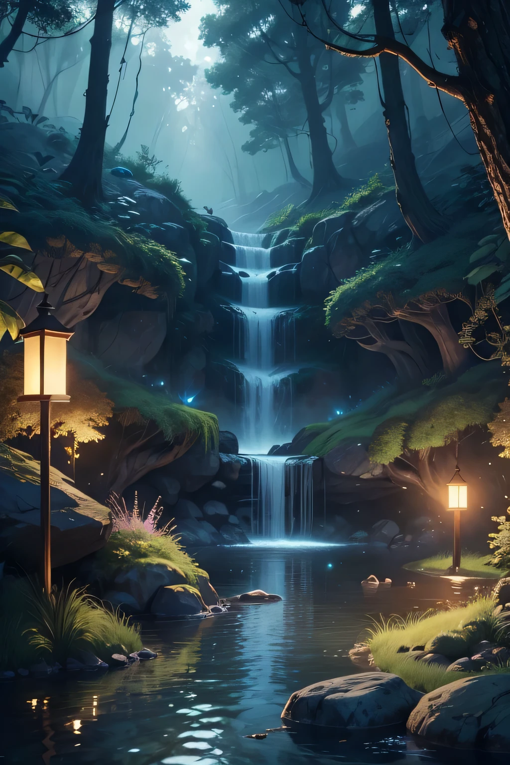 Masterpiece, best quality, (very detailed CG unity 8k wallpaper), (best quality), (best illustration), (best shadows), glow sprite, with a glowing deer, in the swimming pool Drinking water, natural elements in the forest theme. Mysterious forest, beautiful forest, nature, surrounded by flowers, delicate leaves and branches surrounded by fireflies (natural elements), (jungle theme), (leaves), (twigs), (fireflies), (particle effects) etc