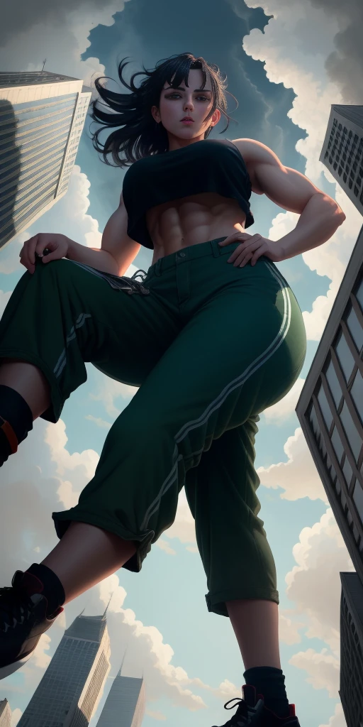 "A towering Giantess in a cool and laid-back hippie style is rocking a crop top and baggy pants. Her toned and athletic build hints at her massive strength. She seems to be casually strolling through the bustling cityscape of GTS City, as towering buildings loom overhead. Smoke and clouds roil around her, adding to the sense of epic scale and drama. The lighting is dark, gloomy, and realistic, creating a tense and ominous atmosphere. The perspective is from below, emphasizing the sheer majesty and power of the Giantess."