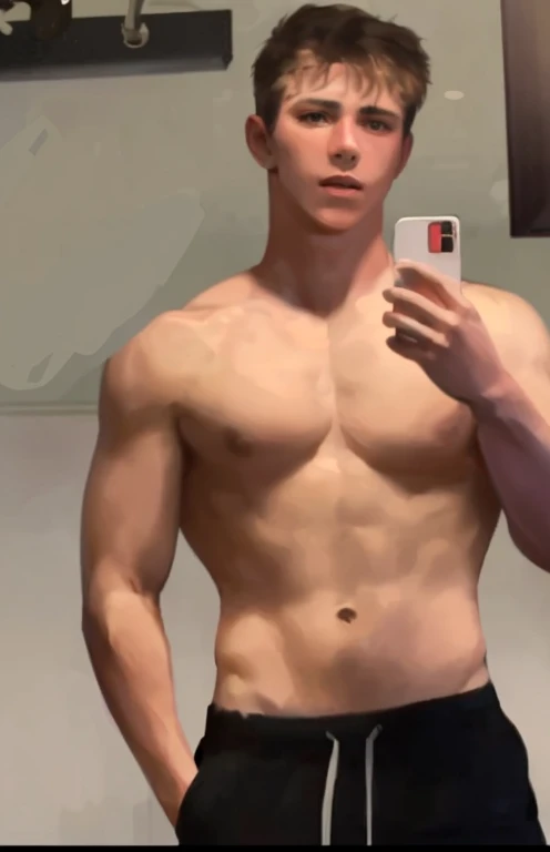 shirtless young man with a muscular physique taking a selfie with his phone in what appears to be a bathroom or locker room setting. He has short light-colored hair and a defined jawline.