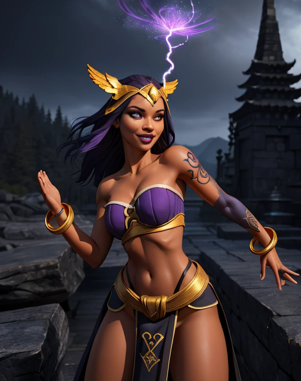 masterpiece, best quality,perfect 3D digital art,CG character, dramatic pose, dynamic action, glowing lights, neon colors, cinematic lighting, photorealistic, portrait of a 25 year old woman, She is a Sorceress, Fantasy, Fantasy environment, (Dark Skin:1.4), Purple eyes, Purple Hair, Pink Hair, Long Hair, (covered in tattoos:1.3), (Wearing: strapless top, loincloth, golden bracelets, golden head piece, golden knee high boots:1.2), looking at viewer with an amused smile, fierce and confident posture, both hands glowing bright purple, purple magic, bright purple sparks in both hands, expressive expression, dark and mysterious aura, complex eye makeup, mystical energy radiating from her hands, electric purple orbs swirling around her, (Night time, ethereal and magical atmosphere, outdoors, dark clouds in the sky, purple lighting, stone temple, mount top, stone structures, purple and magenta aroura's in the surroundings, gorgeous view of the mountains)PBR skin texture with bump details,Authentic,hyperrealistic,Rough skin exhibits a matte luster,cinemagraph,depth of field,dramatic render
