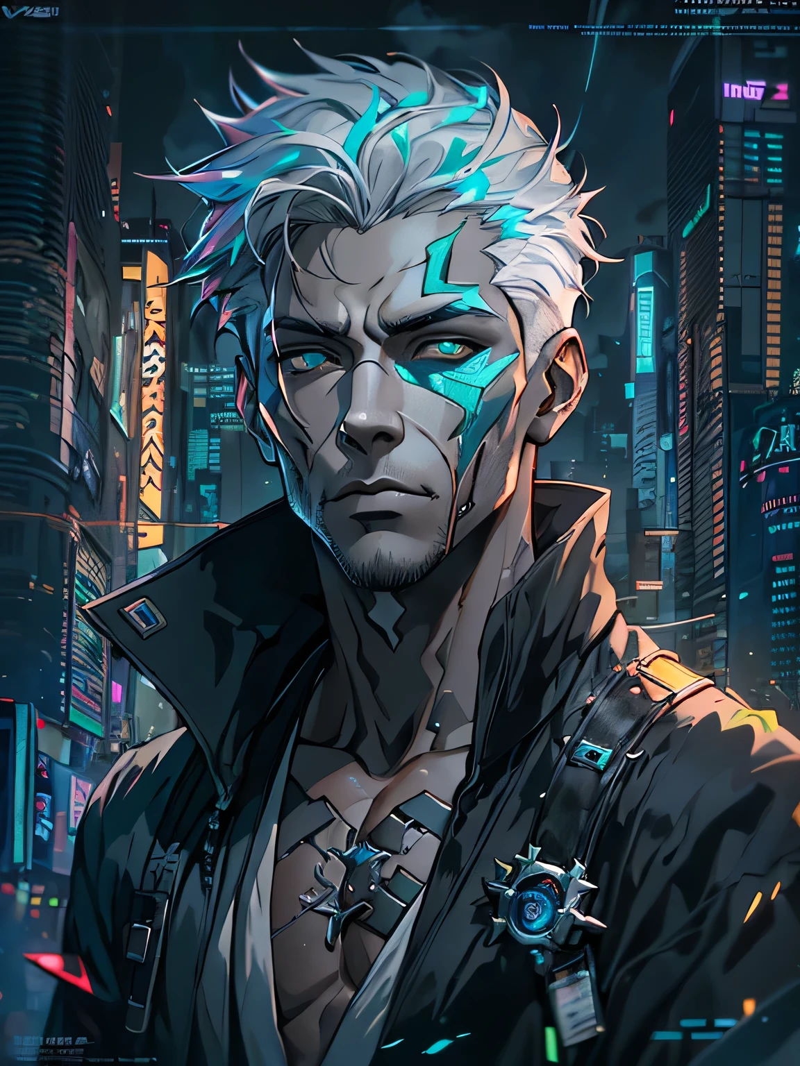 cyberpunk character ,bad,fantasy world,Tokyo background,clean design,Epic Instagram,art stations,Colorful paint splashes,contours,Hyper-detailed complex parts,Unreal engine,(futuristic fantasy:1.3),(Holographic projections:1.2),(cyberpunk style:1.3),complex parts,screensaver,Additional colors,Fantasy concept art,permission 8k,A masterpiece of deviantart,oil painted,heavy blows,paint dripping,(Isolate on white background:1.3),Rainbow skins,(((Handsome young))), (Glowing blue eyes), ((There is light in the eyes)),((((short gray hair:1.1))), ((dressed in black)), (prince\\(indifferent expression\\),, (((in a luxurious black robe with high details.))), Head with white hair,(pectoral muscle) --at 6