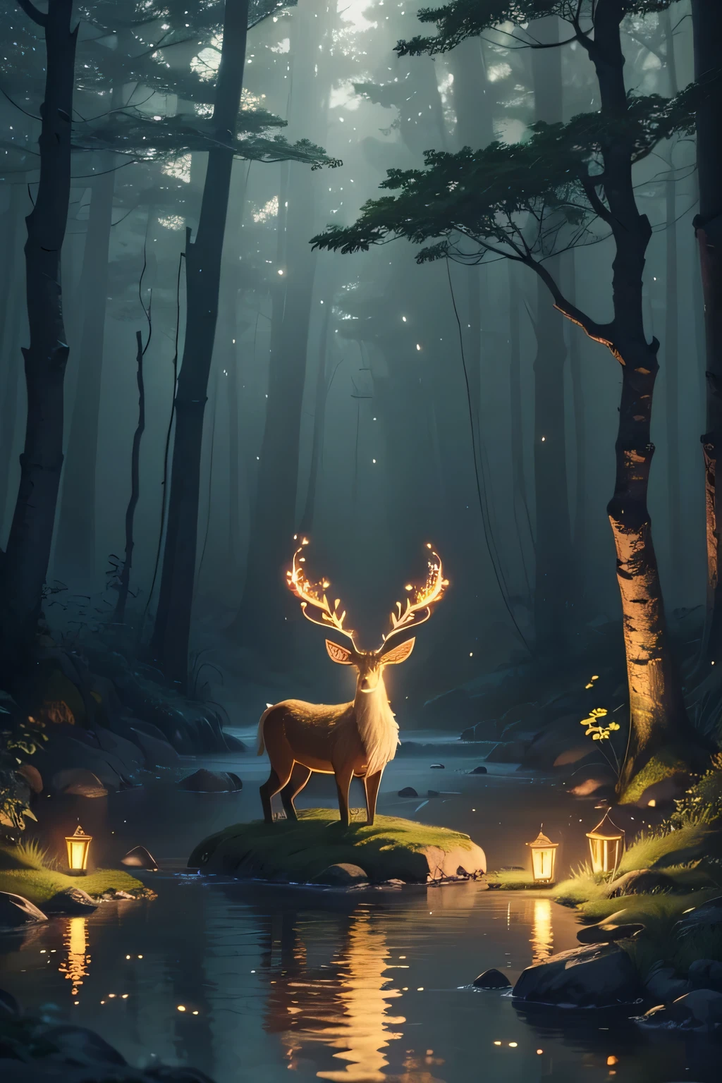 Masterpiece, best quality, (very detailed CG unity 8k wallpaper), (best quality), (best illustration), (best shadows), glow sprite, with a glowing deer, in the swimming pool Drinking water, natural elements in the forest theme. Mysterious forest, beautiful forest, nature, surrounded by flowers, delicate leaves and branches surrounded by fireflies (natural elements), (jungle theme), (leaves), (twigs), (fireflies), (particle effects) etc