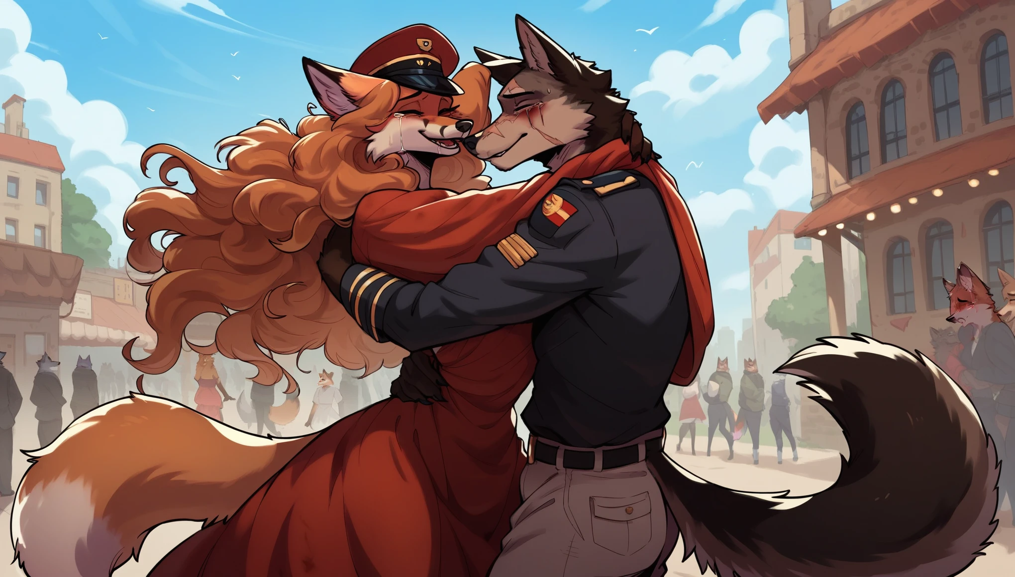 score_9, score_8_up, score_7_up, city, town park square, daytime, crowd on background, sunny, happy, joyful, love, reunion, face to face, (kissing:0.5)

((fox:1.2), anthro, female, dark brown fur, long flowing hair, beautiful, wearing a dress, crying tears of joy, hugging, being lifted)

((wolf:1.2), anthro, male, black fur, (scars, wounds), (wearing a military uniform, pants and hat), strong, lifting, loving expression)