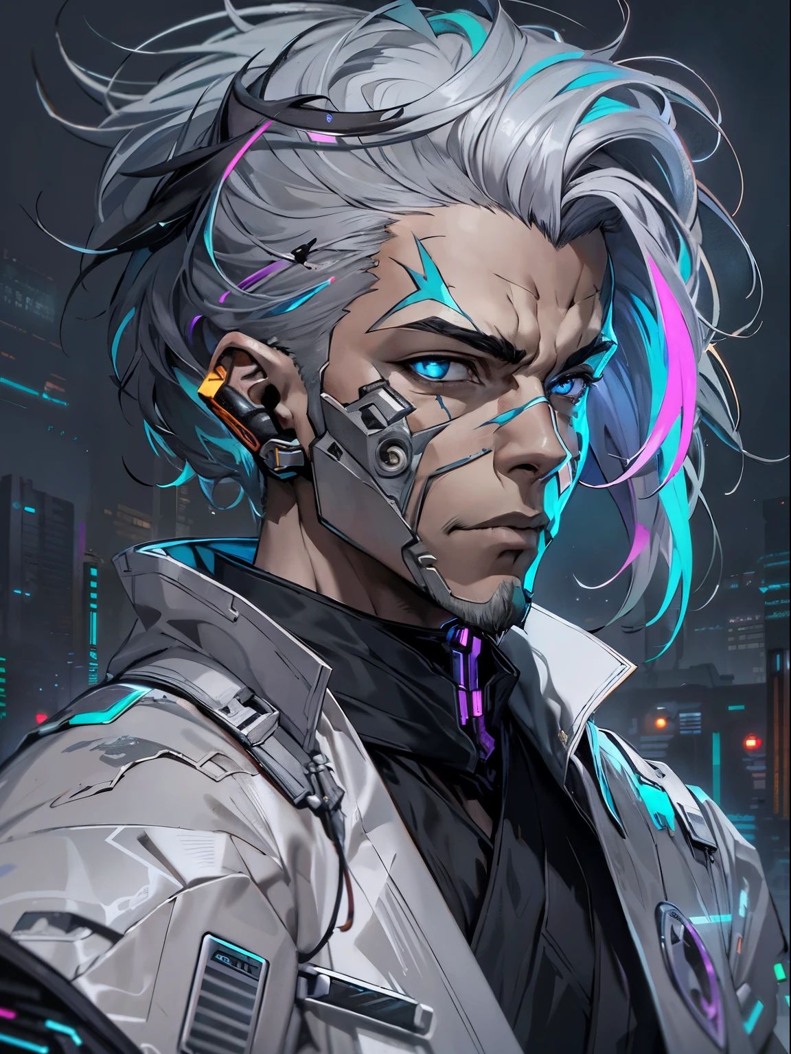 cyberpunk character ,bad,fantasy world,Tokyo background,clean design,Epic Instagram,art stations,Colorful paint splashes,contours,Hyper-detailed complex parts,Unreal engine,(futuristic fantasy:1.3),(Holographic projections:1.2),(cyberpunk style:1.3),complex parts,screensaver,Additional colors,Fantasy concept art,permission 8k,A masterpiece of deviantart,oil painted,heavy blows,paint dripping,(Isolate on white background:1.3),Rainbow skins,(((Handsome young))), (Glowing blue eyes), ((There is light in the eyes)),((((short gray hair:1.1))), ((dressed in black)), (prince\\(indifferent expression\\),, (((in a luxurious black robe with high details.))), Head with white hair,(pectoral muscle) --at 6