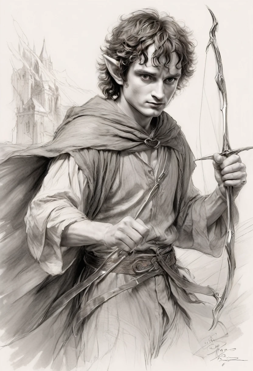 Anime line art of Frodo from The Lord Of The Rings trilogy, in dynamic pose, by Anna Razumovskaya, sketch, best quality, masterpiece, very aesthetic, perfect composition, intricate details, ultra-detailed, B&W