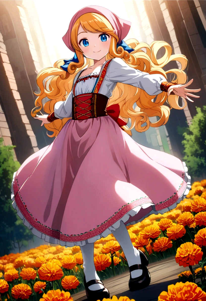 golden orange hair, gradient hair, very long hair, swept bangs, sidelocks, curly hair, wavy hair, (((((head scarf))))), head bandana, pink apron, flower in hair, marigold, orange flower, blue eyes, dirndl, pink dress, pink dirndl, long sleeves, waist apron, white apron, bow on waist, blue bow, , polish clothing, Slavic clothing, Hungarian clothing, anime, cute, full body, white leggings, black shoes, flat chest,, smile, dynamic angle, dynamic pose