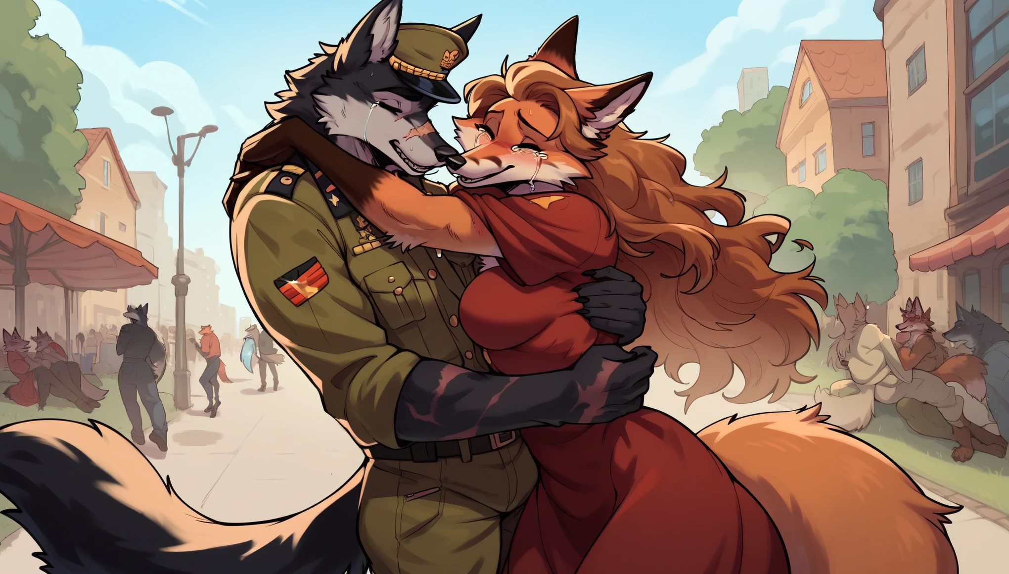 score_9, score_8_up, score_7_up, city, town park square, daytime, crowd on background, sunny, happy, joyful, love, reunion, face to face, (kissing:0.5)

((fox:1.2), anthro, female, dark brown fur, long flowing hair, beautiful, wearing a dress, crying tears of joy, hugging, being lifted)

((wolf:1.2), anthro, male, black fur, (scars, wounds), (wearing a military uniform, pants and hat), strong, lifting, loving expression)