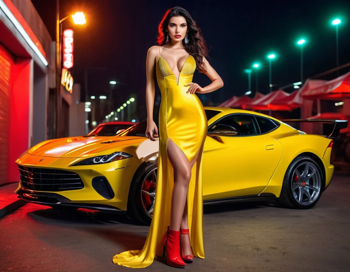 a picture of a female model wearing an evening dress standing near a red sports car, glamorous model woman, extremely beautiful face, ultra feminine, detailed face, exquisite beautiful face, black hair, long hair, wavy hair, beautiful green eyes, she wears a ((yellow evening dress: 1.5)), elegant, intricate detailed dress, silk dress, small cleavage, she wears elegant knee high heeled boots, exquisite knee high heeled boots, standing near a ((red sports car: 1.5)), in a cyberpunk street an night background, moon, stars, lamp light, (Masterpiece: 1.5), 16k, highres, best quality, high details, ultra detailed, masterpiece, best quality, (extremely detailed), LU, drkfntasy