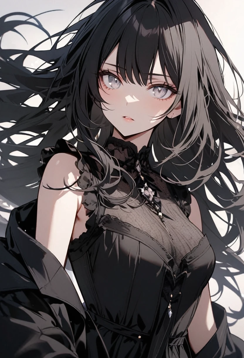 Girl with long black hair, white eyes, black dress