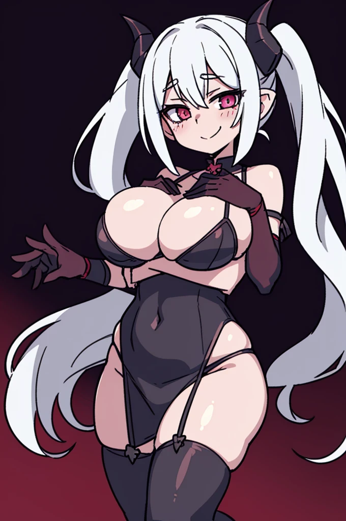 Blush bra demon girl demon horns female huge breasts looking at viewer pose silver eyes smile solo twintails underwear white hair wings