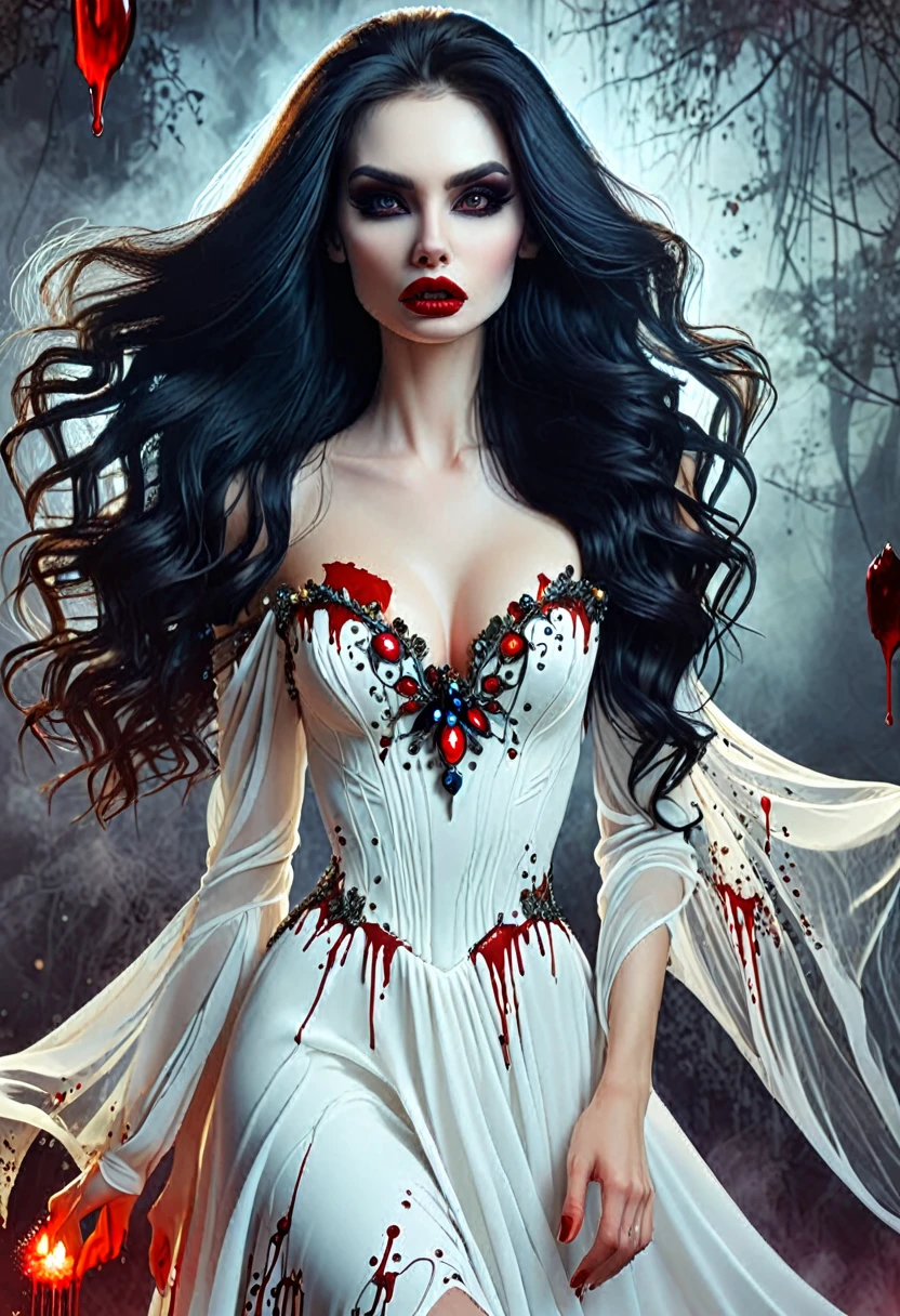 Arafed, dark fantasy art, goth art, a beautiful female vampire wearing a (blood stained white evening dress: 1.5), an extremely beautiful female vampire, ultra detailed face, black hair, long hair, wavy hair, dark glamour make up, pale skin, red lips, glowing red eyes, visible vampiric fangs, she wears a ((white evening dress: 1.5)), elegant, intricate detailed dress, silk dress, small cleavage, ((dress is decorated with gems: 1.4)), she wears elegant knee high heeled boots, exquisite knee high heeled boots, there are stains of blood on the upper part of the dress, dynamic background
