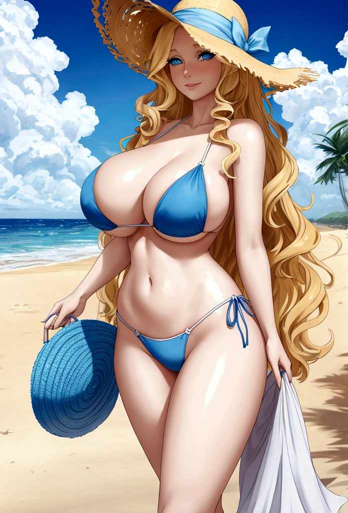 1 woman with blonde long curly hair and blue eyes with long eyelashes, huge breasts and huge ass, slim, pale complexion, in light blue bikini and wearing a straw hat on the beach, walking toward with wide smile