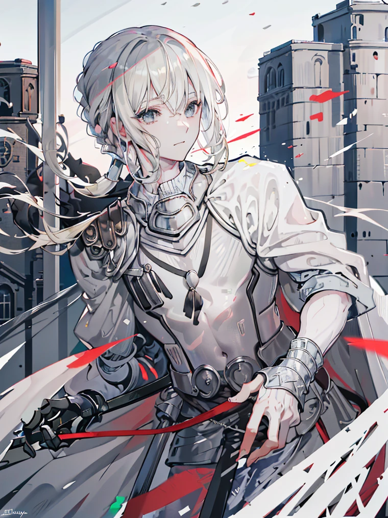 ((masterpiece)), (((HDR))), ((best quality)), (ultra high quality), (hi-res), ((absurdres)), ((1boy)), (bedivere (fate)), perfect anatomy, (gray eyes), blond hair, facing viewer, ((dynamic)), in a medieval city, medieval buildings, outside, cobblestone street, day time, additional lighting, sunlight