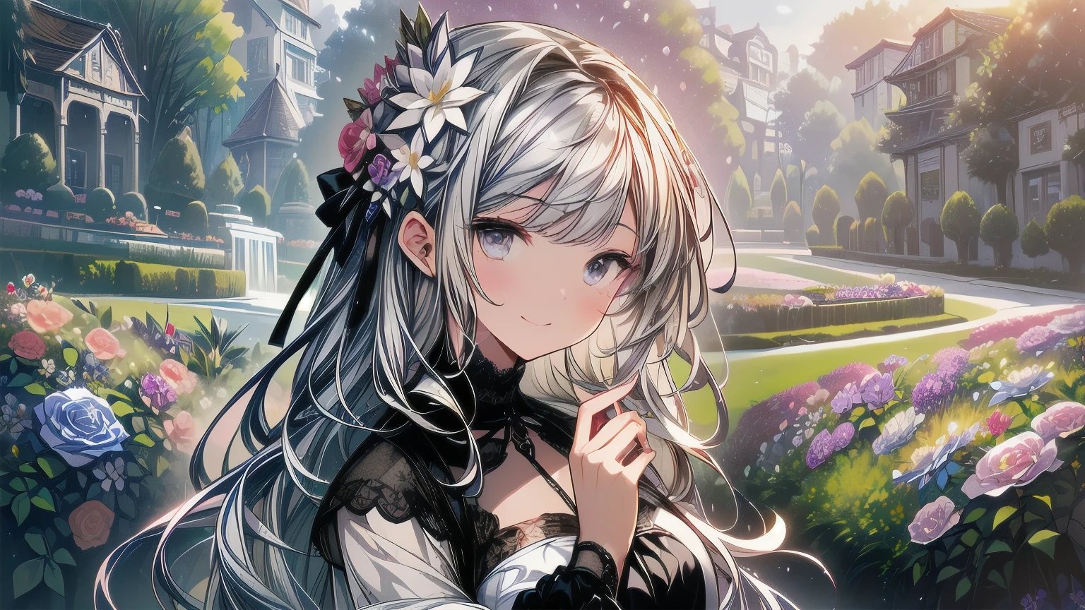 absurdities, high resolution, (official art, beautiful and aesthetic:1.2), (close view:1.2), Frontal composition,
1 girl, (wide:1.2), gray hair, wavy fur, smile,
(throughout the flower garden:1.6), (floral effects:1.2), (floral background:1.2), (Background full of flowers:1.4), (EYE-CATCHING BACKGROUND:1.1),