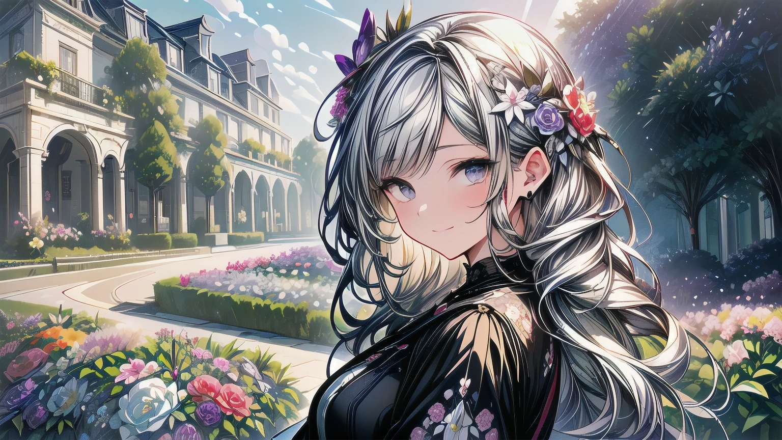 absurdities, high resolution, (official art, beautiful and aesthetic:1.2), (close view:1.2), Frontal composition, 
1 girl, (wide:1.2), gray hair, wavy fur, smile, 
(throughout the flower garden:1.6), (floral effects:1.2), (floral background:1.2), (Background full of flowers:1.4), (EYE-CATCHING BACKGROUND:1.1),