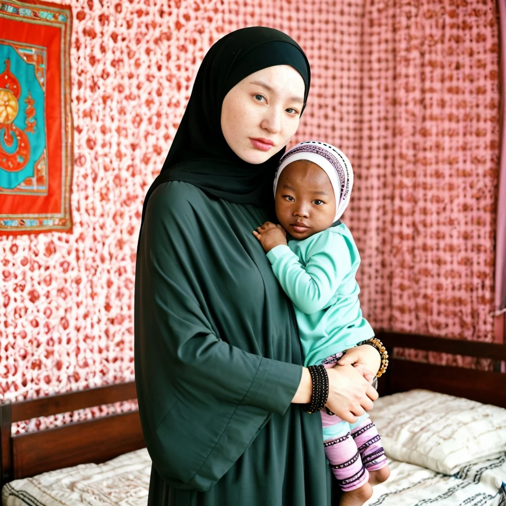 Pale skin ugly Mongolian woman in hijab standing in room bracelet embracing her ebony African baby