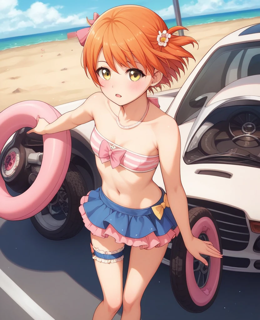 masterpiece, Best Quality,Hoshizora Rin,Alone ,yellow eyes, short hair, Orange hair, looking_in_viewer, blush,open_boca, bow, Love,  :D, Bikini Skirt,steering wheels,pink tube top , playa, thigh strap , standing 