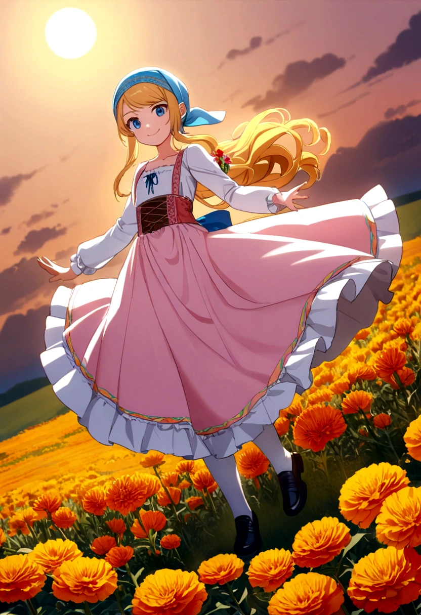 golden orange hair, gradient hair, very long hair, swept bangs, sidelocks, curly hair, wavy hair, (((((head scarf))))), head bandana, pink apron, flower in hair, marigold, orange flower, blue eyes, dirndl, pink dress, pink dirndl, long sleeves, waist apron, white apron, bow on waist, blue bow, , polish clothing, Slavic clothing, Hungarian clothing, anime, cute, full body, white leggings, black shoes, flat chest,, smile, dynamic angle, dynamic pose, sun, sunshine
