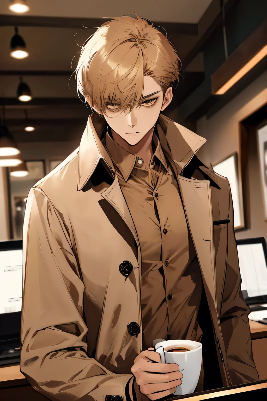 (masterpiece, top quality, Best quality, official art, Beautiful), One, male, short hair, With a bang, beige shirt, coffee color coat, coffee, Desktop, blurred background, illustration