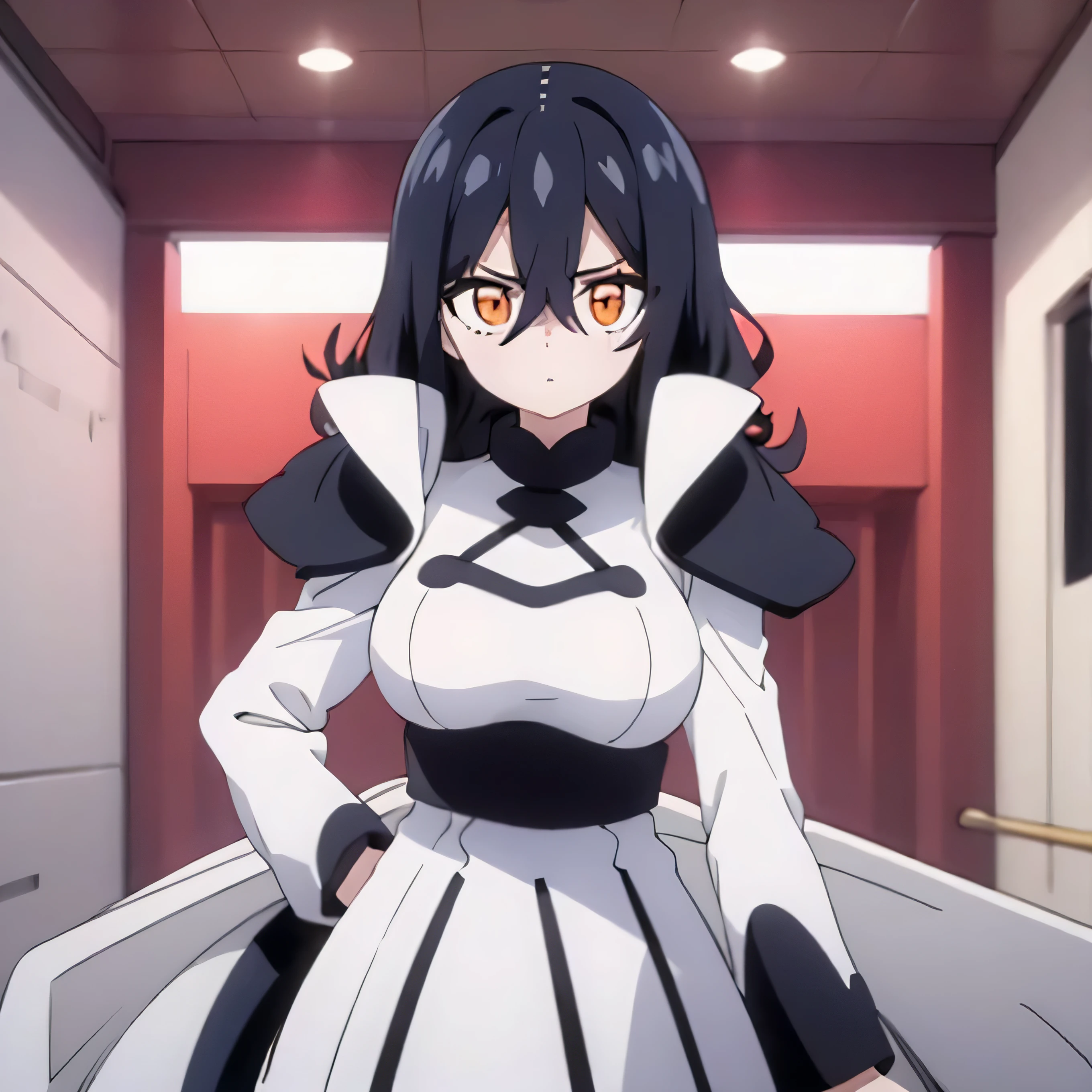 Highest quality, 1girl, solo, long black hair, orange eyes, large breasts, white uniform, pale skin, side mask