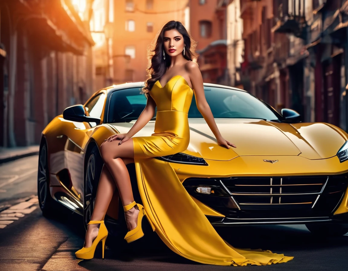 a picture of a female model wearing an evening dress standing near a red sports car, glamorous model woman, extremely beautiful face, ultra feminine, detailed face, exquisite beautiful face,  black hair, long hair, wavy hair, beautiful green eyes, she wears a ((yellow evening dress: 1.5)), elegant, intricate detailed dress, silk dress, small cleavage, she wears elegant knee high heeled boots, exquisite knee high heeled boots, standing near a ((red sports car: 1.5)), in a cyberpunk street an night background, moon, stars, lamp light,  (Masterpiece: 1.5), 16k, highres, best quality, high details, ultra detailed, masterpiece, best quality, (extremely detailed), LU, drkfntasy