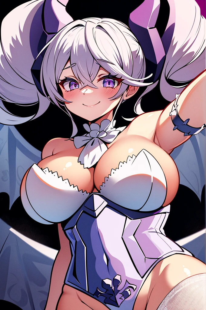 Blush bra demon girl demon horns female huge breasts looking at viewer pose silver eyes smile solo twintails underwear white hair wings