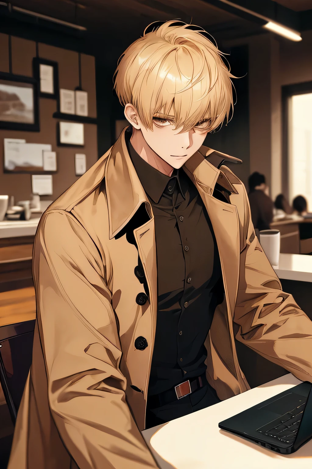 (masterpiece, top quality, Best quality, official art, Beautiful), One, male, short hair, With a bang, beige shirt, coffee color coat, coffee, Desktop, blurred background, illustration