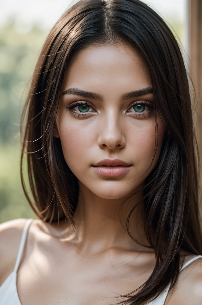A stunning close-up portrait of a young woman with striking green eyes, full lips, and a soft, natural makeup look. Her dark hair is tousled and framing her face, adding to the relaxed yet elegant aesthetic. The subject is gazing off to the side with a pensive expression, creating a sense of introspection and thoughtfulness. The image has a warm, natural lighting that highlights the subject's delicate features and glowing skin. Overall, the portrait conveys a sense of quiet beauty and introspection.