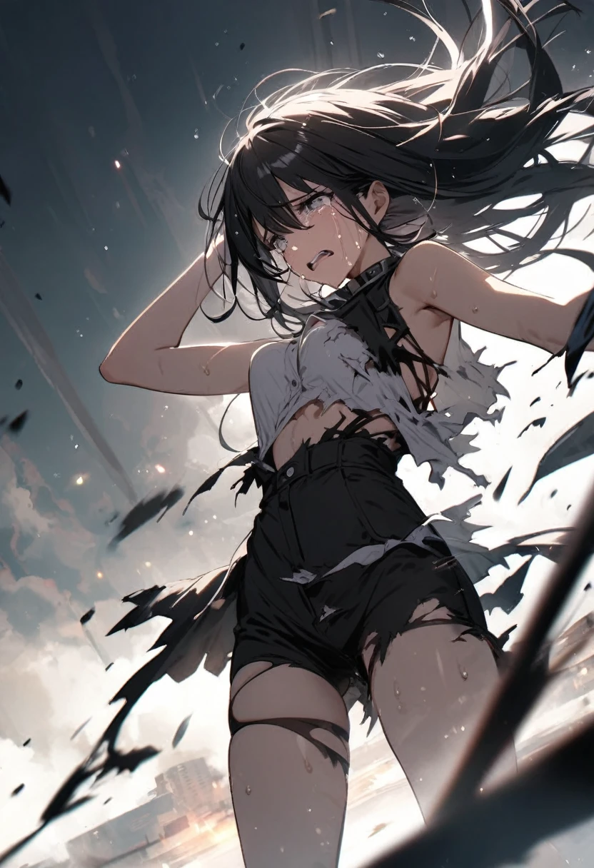 Girl with long black hair, white eyes, with torn clothes and crying