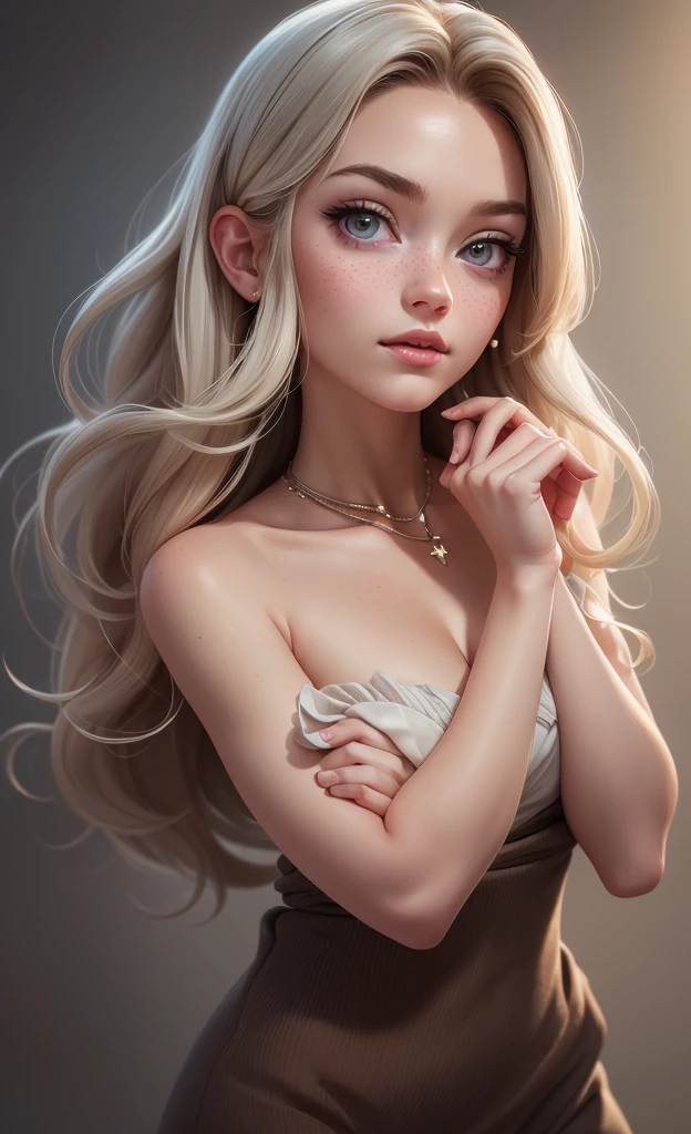 A young woman, beautiful detailed eyes, beautiful detailed lips, extremely detailed eyes and face, long eyelashes, pale skin with freckles, gray eyes, delicate nose, long wavy gray-blonde hair, sweet smile, americana, (best quality,4k,8k,highres,masterpiece:1.2),ultra-detailed,(realistic,photorealistic,photo-realistic:1.37),portrait,warm lighting,soft colors,natural tones