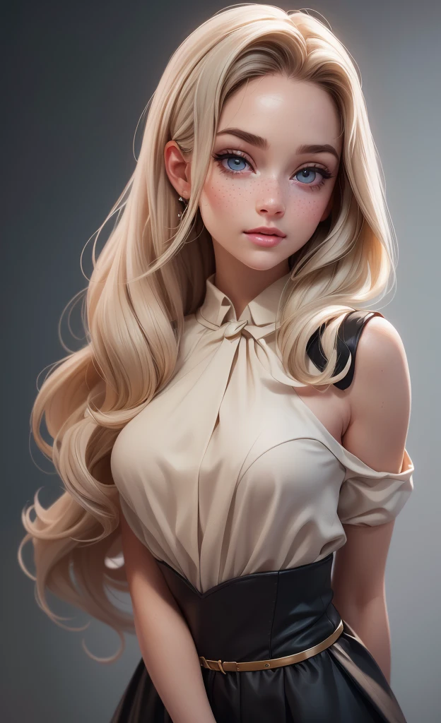 A young woman, beautiful detailed eyes, beautiful detailed lips, extremely detailed eyes and face, long eyelashes, pale skin with freckles, gray eyes, delicate nose, long wavy gray-blonde hair, sweet smile, americana, (best quality,4k,8k,highres,masterpiece:1.2),ultra-detailed,(realistic,photorealistic,photo-realistic:1.37),portrait,warm lighting,soft colors,natural tones