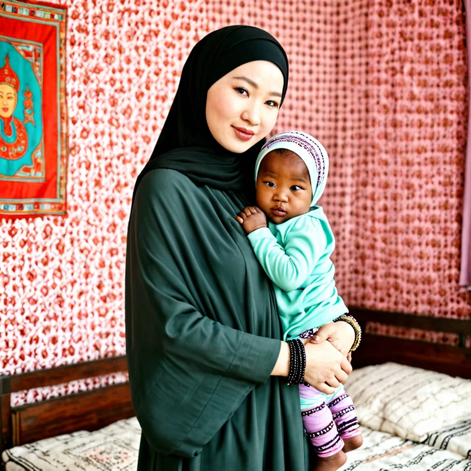 Pale skin ugly Mongolian woman in hijab standing in room bracelet embracing her ebony African baby