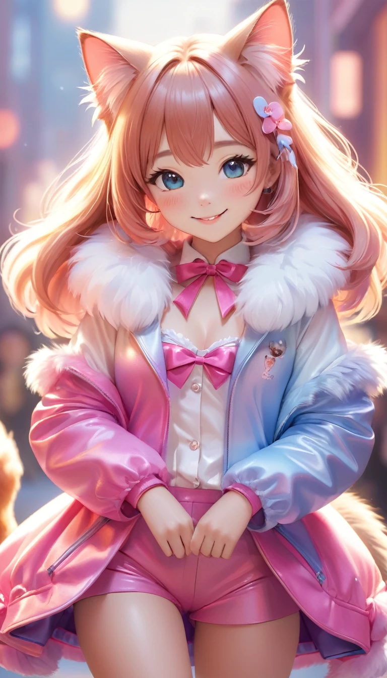 ((Full body shot 1.5))、((リアル3D猫、１Female cat))、((kpop idol costumes))、A cute female cat with fluffy fur、smile、kpop idol , The background is modern, Adorable digital painting, 3D Rendering, Bright lighting, Vibrant colors,