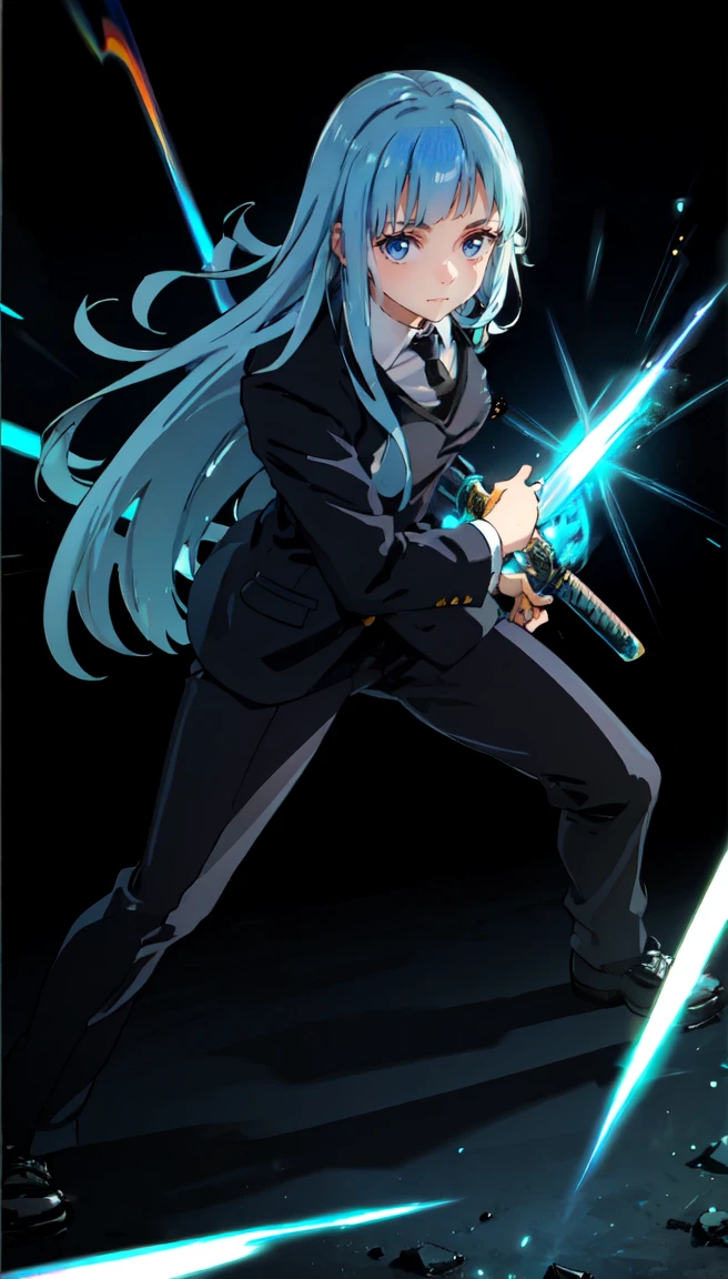 ((Pitch black background:1.5))、((Blue aura effect rising from beneath your feet:1.8))、Japan sword sheath、(Spread your legs,Iai Stance:1.2),(Very detailed CG Unity 8k 壁紙),(masterpiece),(Highest quality),(Very detailed),(Best illustrations),(Best Shadow),(Absurd), Sugarcane Haze, One Girl, alone, Blue Hair, tie, Long Hair, blue eyes, bangs, Jacket, shirt, View your viewers, formal, suit, white shirt, black tie, blunt bangs, Full body image, collared shirt, Mouth closed, blazer, Long sleeve, Straight hair, Wing Color