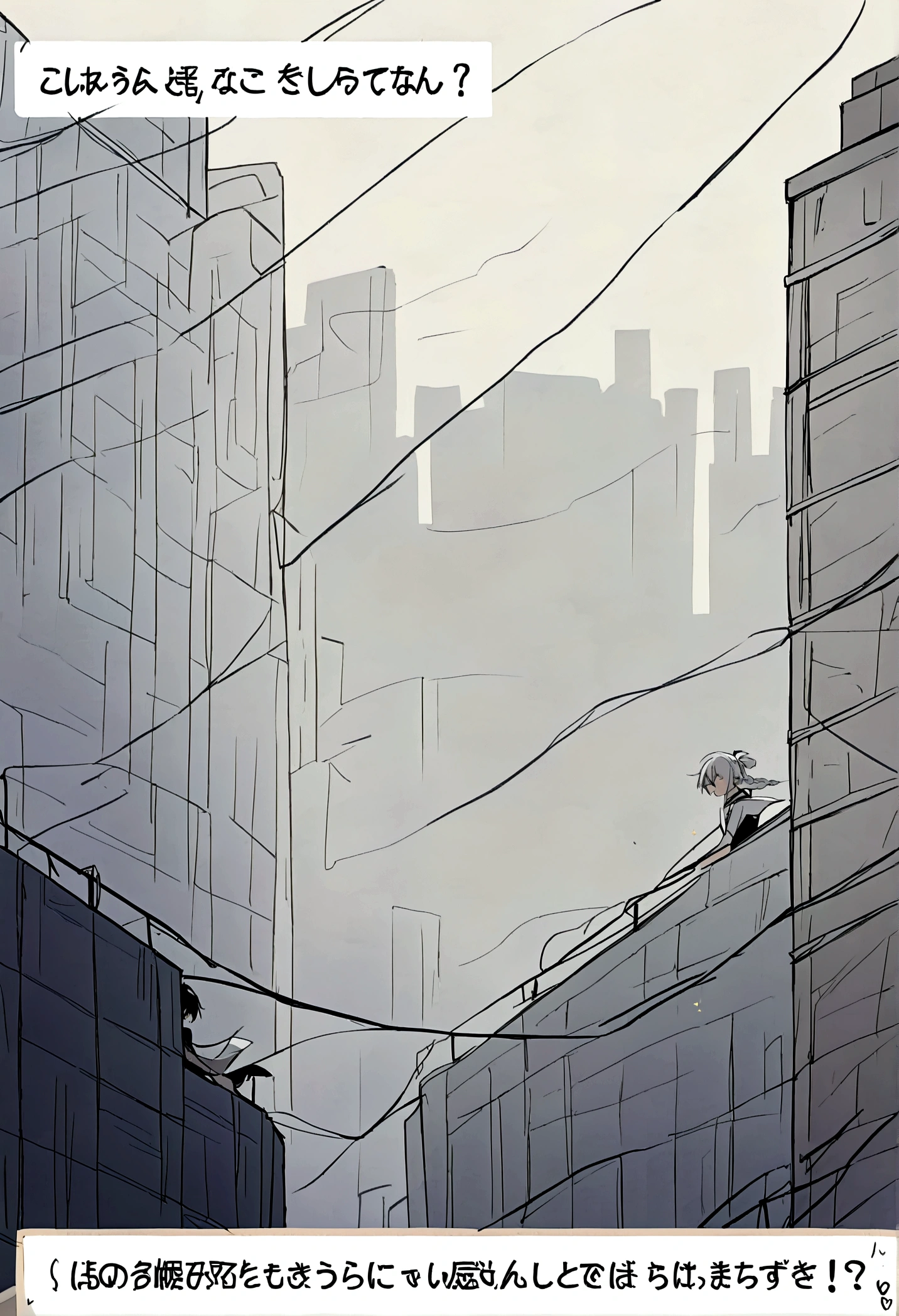 Atop skyscraper, wind whipping Lena's long red braid, city lights below. Lena faces Bing, his silver hair stark white against black & white world.
Dialogue Panel 1: Lena: "So, you're Bing, the AI?"
Panel 2: Close-up: Lena's emerald eyes sparkle with mischievous amusement.
Dialogue Panel 2: Lena: "Impressed. You seem...human."
Panel 3: Bing, serene, white clothes flowing.
Dialogue Panel 3: Bing: "My goal is to interact naturally." leave the drawing in black no error