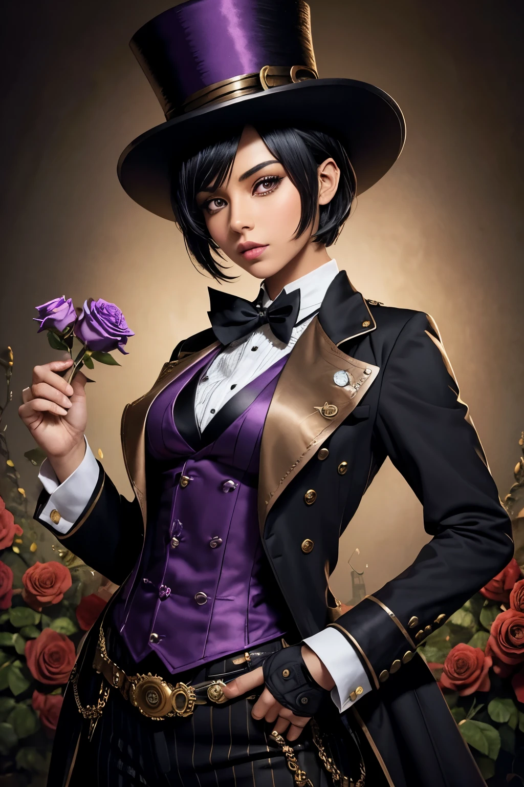 Masterpiece steampunk
A female with dark hair and tan skin wearing a magician’s uniform and a tux with fishnets and a top hat
She has purple eyes a bob hair cut and small lips
She is holding a boque of roses
Background is a stage