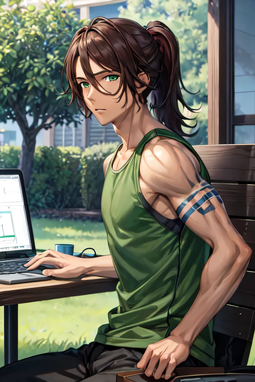 masterpiece, Best quality, computer graphics games, 1 boy, One, male focus, Looking at the viewer, , depth of field, , realistic, Renshaw_Sorinozuka, Brown hair, green eyes, ponytail, , sleeveless shirt, scaly cap, ,