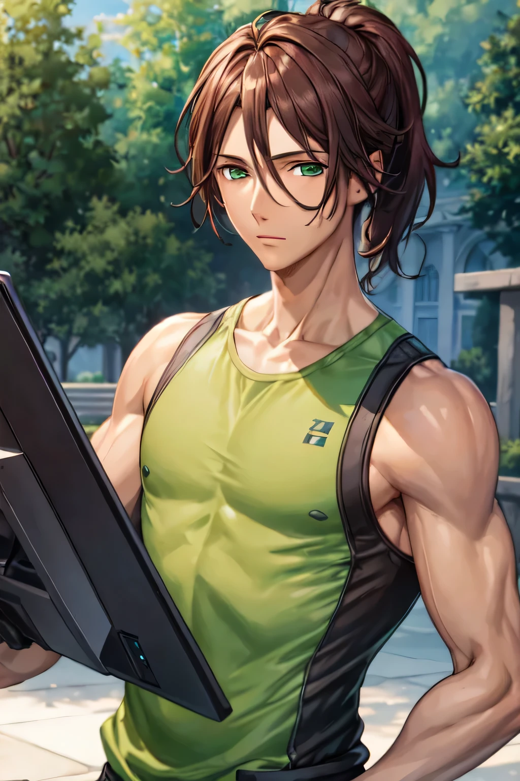 masterpiece, Best quality, computer graphics games, 1 boy, One, male focus, Looking at the viewer, , depth of field, , realistic, Renshaw_Sorinozuka, Brown hair, green eyes, ponytail, , sleeveless shirt, scaly cap, ,