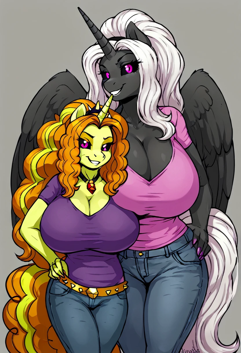 Alicorn princess and Adagio Dazzle , white mane,black sclera ,black body color long flowing mane pink eyes anthro huge breasts smiling ,clothing ,jeans