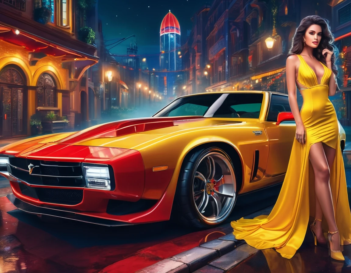 a picture of a female model wearing an evening dress standing near a red sports car, glamorous model woman, extremely beautiful face, ultra feminine, detailed face, exquisite beautiful face,  black hair, long hair, wavy hair, beautiful green eyes, she wears a ((yellow evening dress: 1.5)), elegant, intricate detailed dress, decorated with gems, silk dress, small cleavage, she wears elegant knee high heeled boots, exquisite knee high heeled boots, standing near a ((red sports car: 1.5)), in a cyberpunk street an night background, moon, stars, lamp light,  (Masterpiece: 1.5), 16k, highres, best quality, high details, ultra detailed, masterpiece, best quality, (extremely detailed), LU, drkfntasy