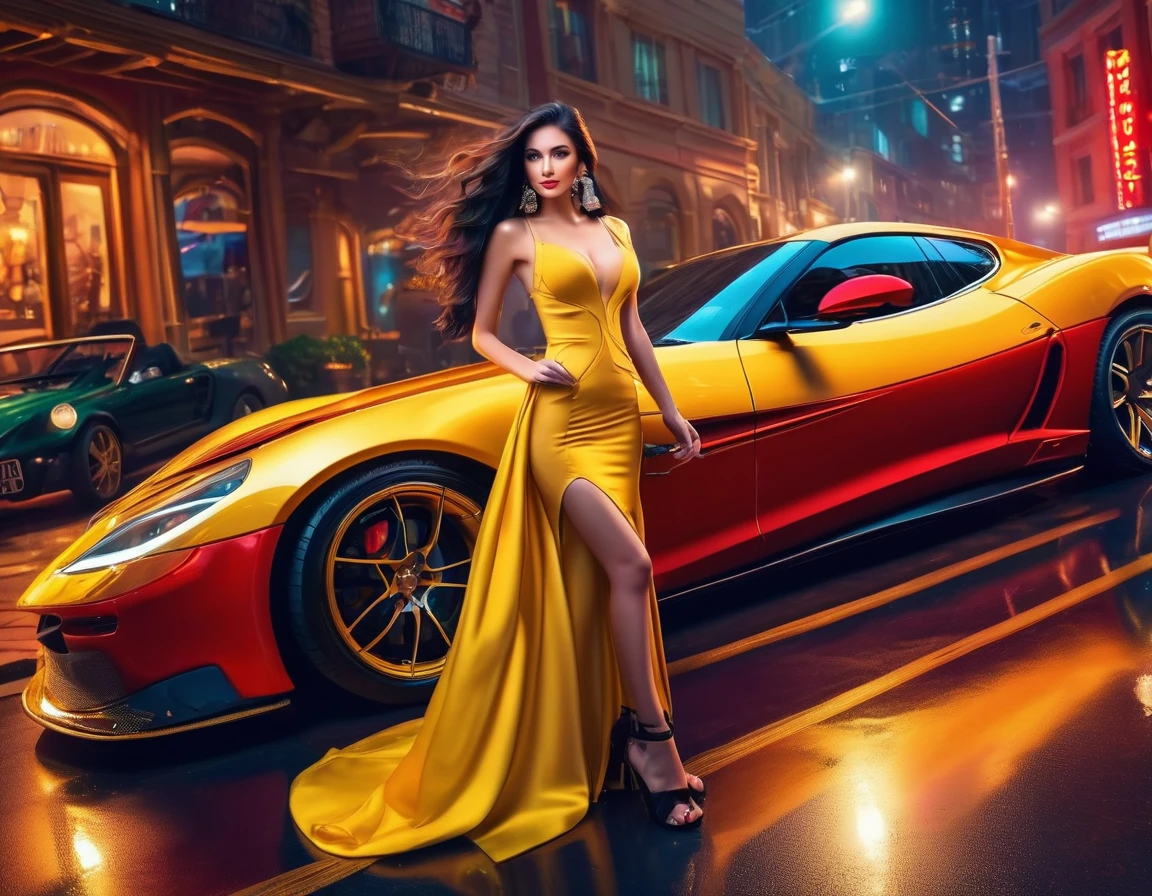 a picture of a female model wearing an evening dress standing near a red sports car, glamorous model woman, extremely beautiful face, ultra feminine, detailed face, exquisite beautiful face, black hair, long hair, wavy hair, beautiful green eyes, she wears a ((yellow evening dress: 1.5)), elegant, intricate detailed dress, decorated with gems, silk dress, small cleavage, she wears elegant knee high heeled boots, exquisite knee high heeled boots, standing near a ((red sports car: 1.5)), in a cyberpunk street an night background, moon, stars, lamp light, (Masterpiece: 1.5), 16k, highres, best quality, high details, ultra detailed, masterpiece, best quality, (extremely detailed), LU, drkfntasy