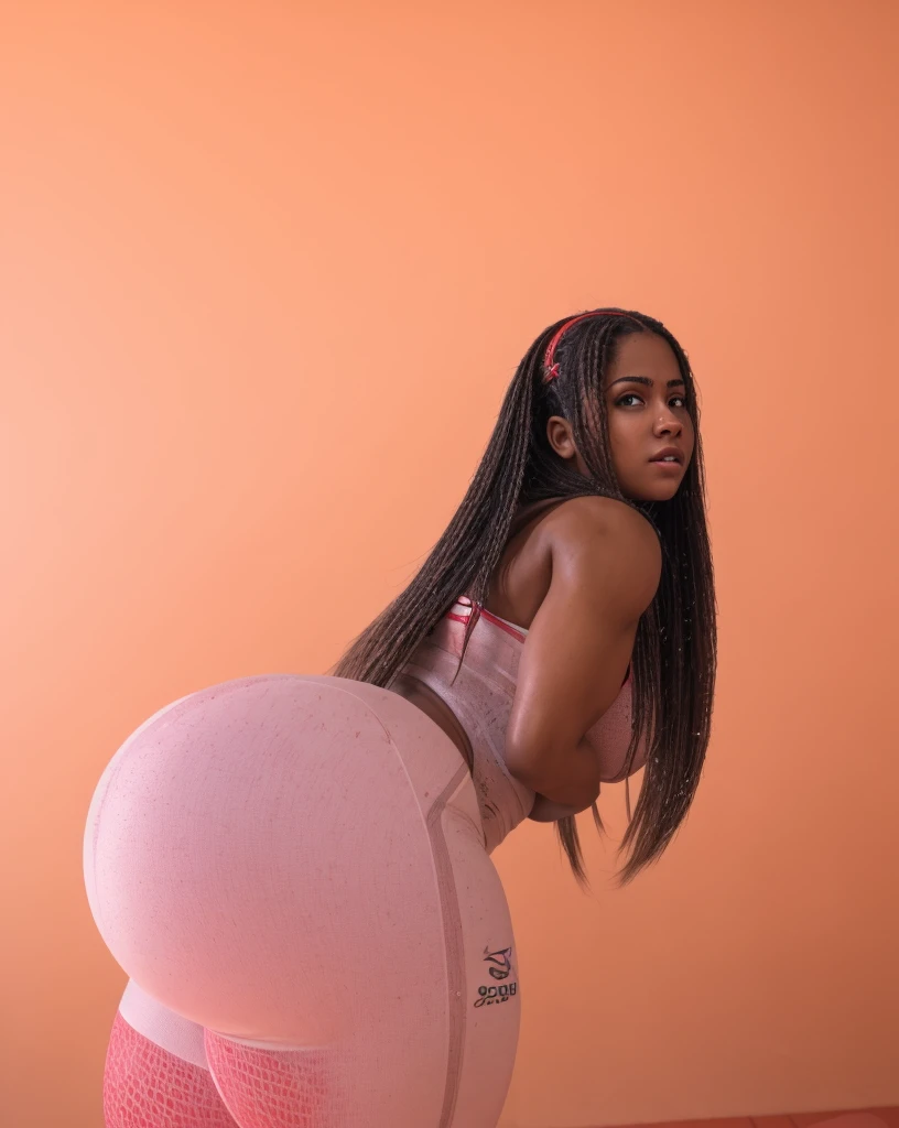 Mulher incrível usando um beige spandex with red numa academia de ginástica, art with bright lighting, 4k artwork, wide-angle, (beige spandex with red), hyper realistic skin texture, drops of sweat by the body