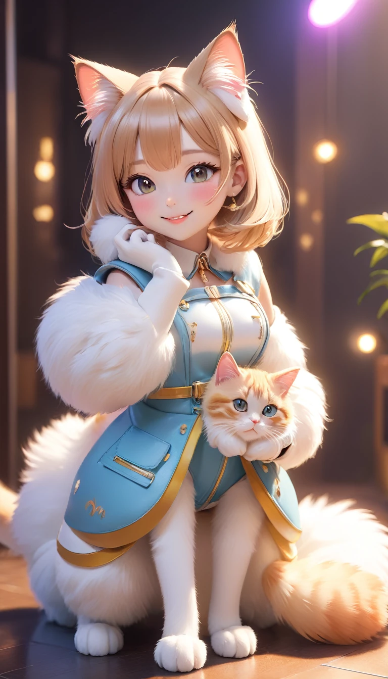 ((Full body shot 1.5))、((Full body shot 1.5、リアル3D猫、１Female cat))、((kpop idol costumes))、A cute female cat with fluffy fur、smile、kpop idol , The background is modern, Adorable digital painting, 3D Rendering, Bright lighting, Vibrant colors,