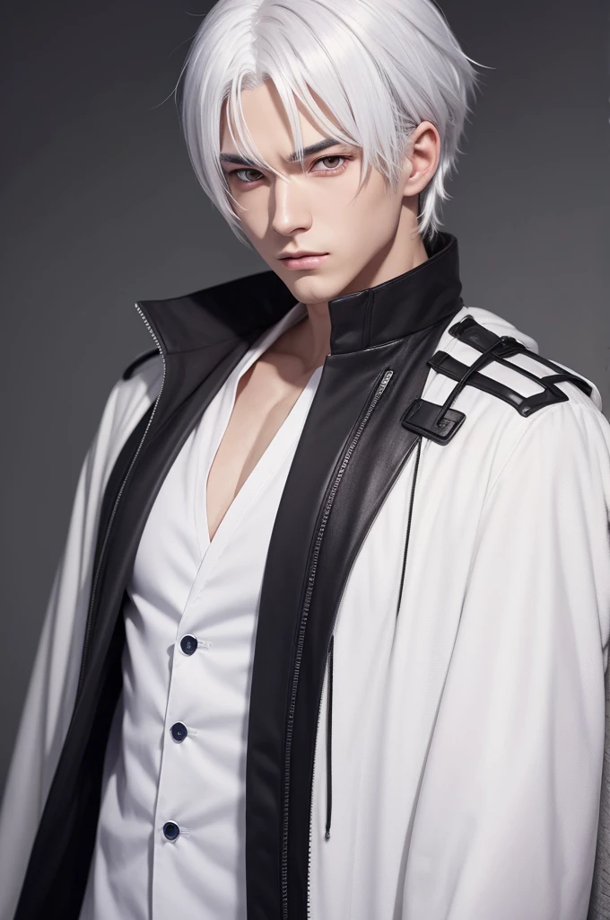 Anime man character with white hair, eyes browns, fully body, with a calm face